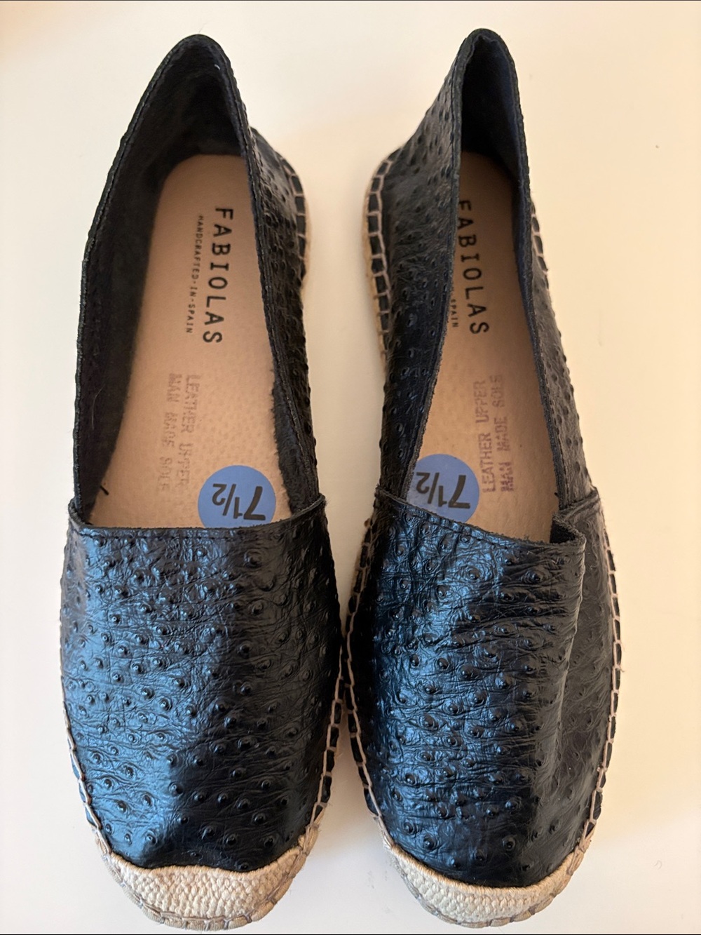 Fabiolas Leather Black Embossed Ostrich Espardrille Flat Size 7.5 NWOT